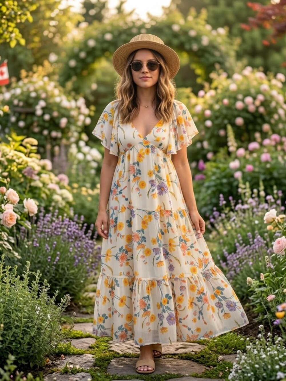 Boho Floral Flutter Sleeve Tiered Maxi Dress V-Neck Smocked Cottagecore Summer S